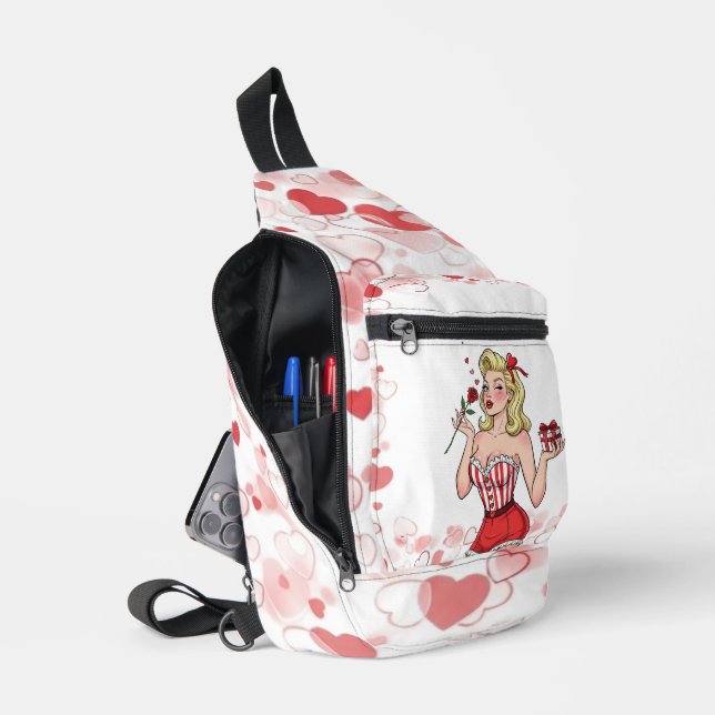 Blonde Retro Valentine Pin-Up Girl Sling Bag (Open)