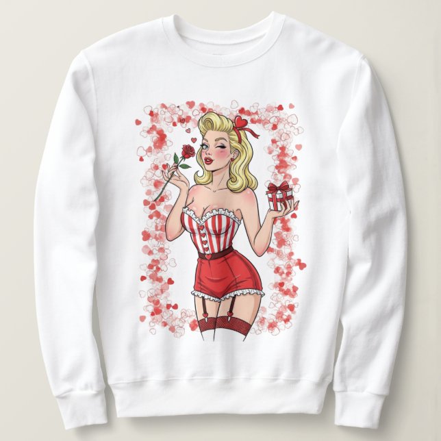 Blonde Retro Valentine Pin-Up Girl Sweatshirt (Design Front)