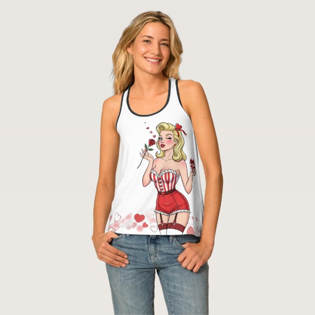 Blonde Retro Valentine Pin-Up Girl Tank Top (Front Full)
