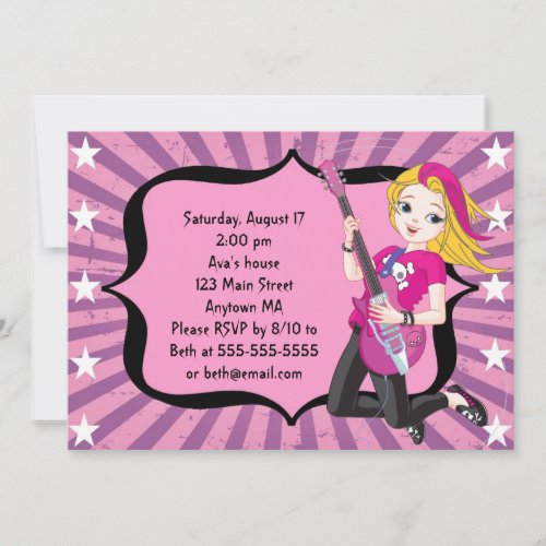 Blonde Rock Star Girl Birthday Invitation