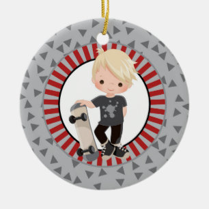 Blonde Skateboard Boy - Gray Red Ceramic Ornament