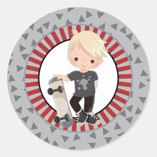 Blonde Skateboard Boy - Gray Red Classic Round Sticker (Front)
