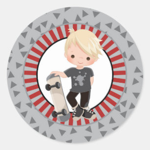 Blonde Skateboard Boy - Gray Red Classic Round Sticker