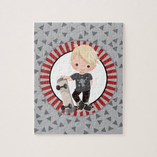 Blonde Skateboard Boy _ Gray Red Jigsaw Puzzle