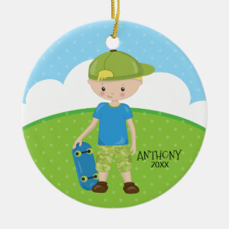Blonde Skateboard Boy Personalized Christmas Ceramic Ornament