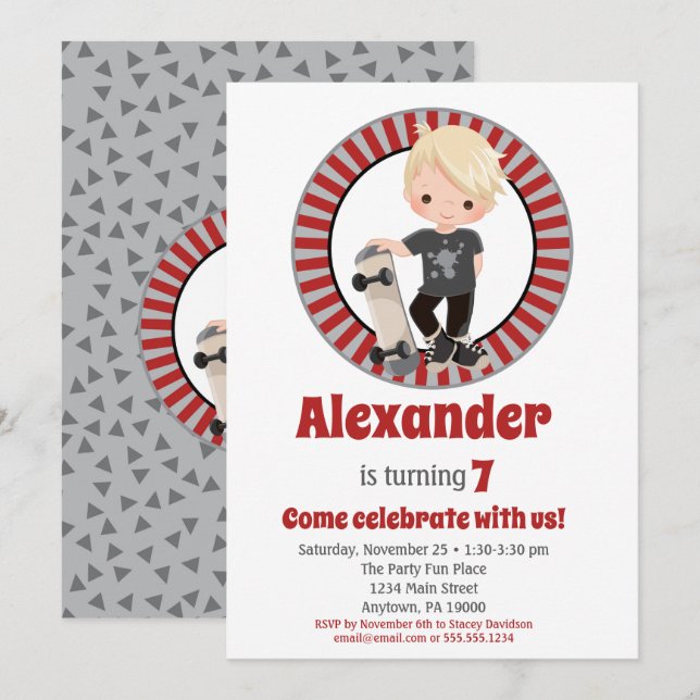 Blonde Skateboard Boys Birthday Invitation (Front/Back)