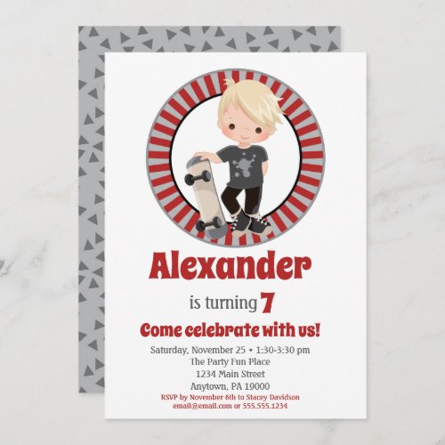 Blonde Skateboard Boys Birthday Invitation