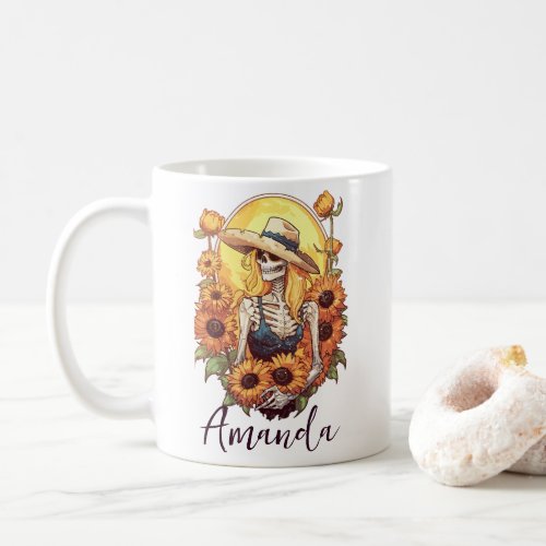 Blonde Skeleton Cowgirl Western Sunflowers Coffee Mug