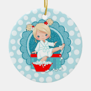 Blonde Spa Girl Bubbles Turquoise Red White Ceramic Ornament