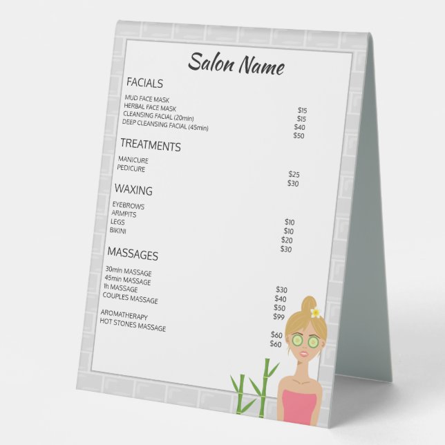 Blonde Spa Woman Illustration  - Custom Spa Menu Table Tent (Front)