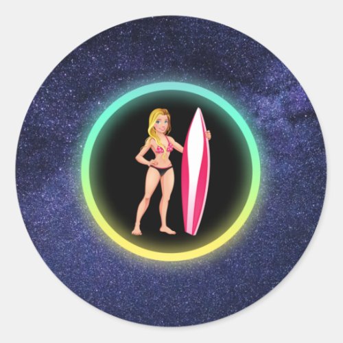 Blonde Surfer Teenage Girl Galaxy     Classic Round Sticker