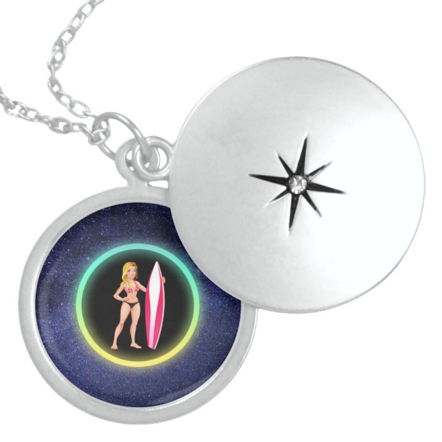 Blonde Surfer Teenage Girl Galaxy    Locket Necklace (Front)