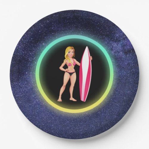 Blonde Surfer Teenage Girl Galaxy    Paper Plates