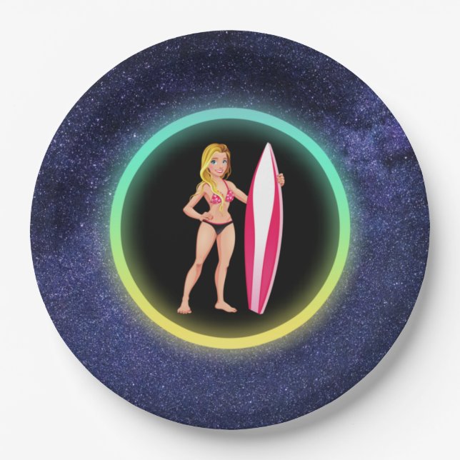 Blonde Surfer Teenage Girl Galaxy    Paper Plates (Front)