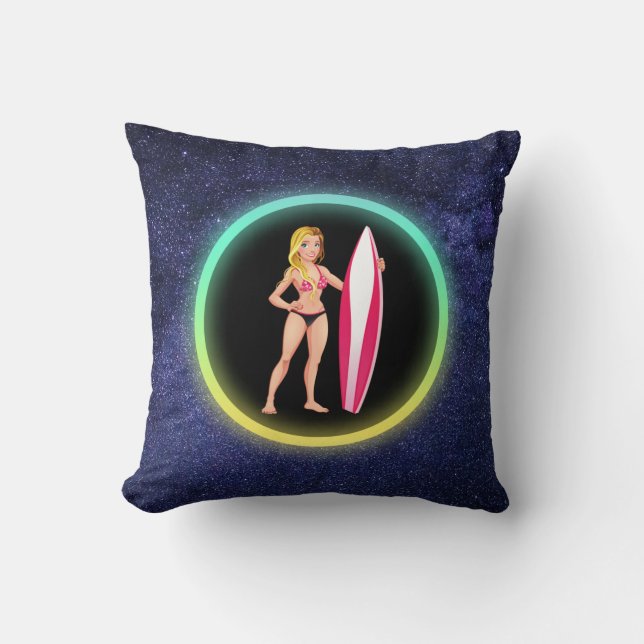 Blonde Surfer Teenage Girl Galaxy  Throw Pillow (Front)