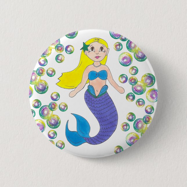 Blonde Swimming Mermaid Girl Bubbles Ocean Sea Button (Front)