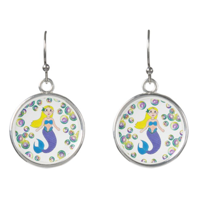 Blonde Swimming Mermaid Girl Bubbles Ocean Sea Earrings (Front)
