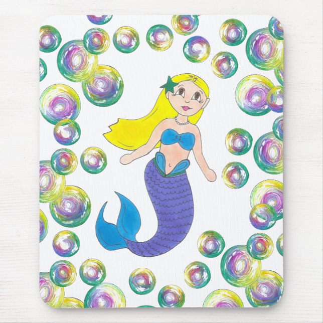 Blonde Swimming Mermaid Girl Bubbles Ocean Sea Mouse Pad (Front)