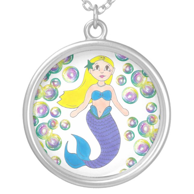 Blonde Swimming Mermaid Girl Bubbles Ocean Sea Silver Plated Necklace (Front)