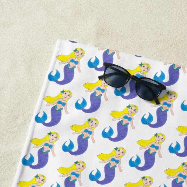 Blonde Swimming Mermaid Girl Purple Tail Ocean Sea Beach Towel (In Situ)