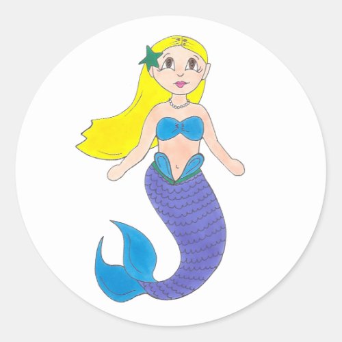 Blonde Swimming Mermaid Girl Purple Tail Ocean Sea Classic Round Sticker