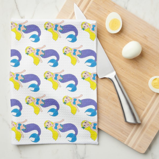 Blonde Swimming Mermaid Girl Purple Tail Ocean Sea Kitchen Towel (Quarter Fold)