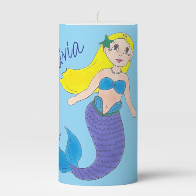 Blonde Swimming Mermaid Girl Purple Tail Ocean Sea Pillar Candle (Front)