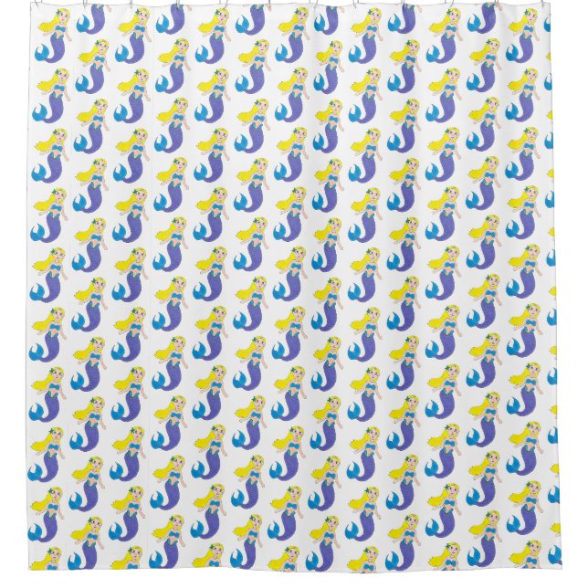 Blonde Swimming Mermaid Girl Purple Tail Ocean Sea Shower Curtain (Front)