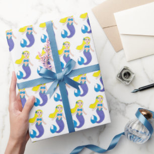 Blonde Swimming Mermaid Girl Purple Tail Ocean Sea Wrapping Paper