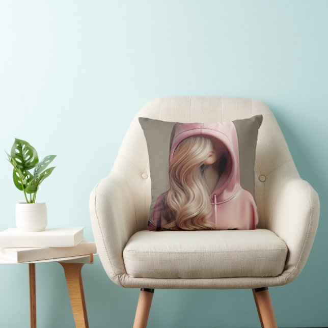 Blonde Teen Girl In a Pink Hoodie Throw Pillow (Chair)