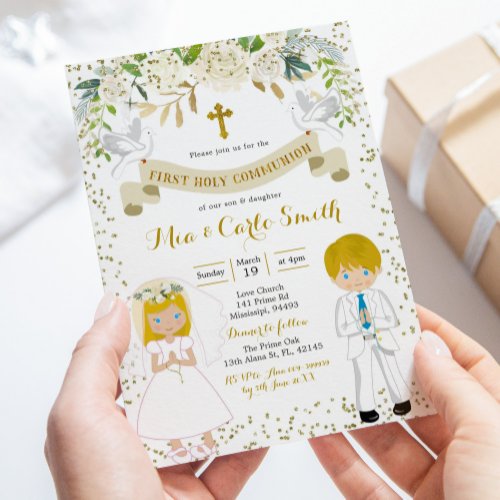 Blonde Twin Boy and Girl First Holy Communion Invitation