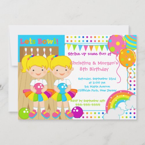 Blonde Twins Girl Bowling Birthday Party Invitation