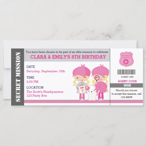 Blonde Twins Girl Spy  Detective Ticket Birthday Invitation