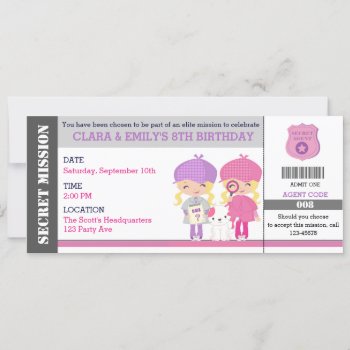 Blonde Twins Girls Spy / Detective Ticket Birthday Invitation by CallaChic at Zazzle