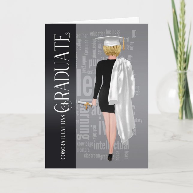 Blonde White Cap and Gown Female Graduate Card (Front)