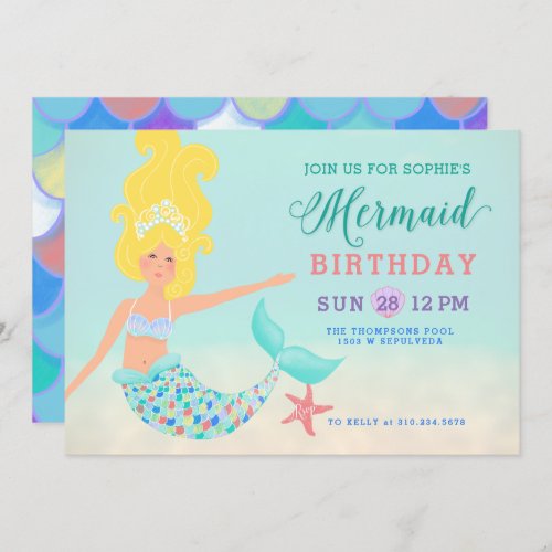 Blonde White Mermaid Birthday Party Invitation