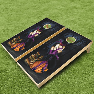 Blonde Witch Pumpkin Purple Cornhole Set