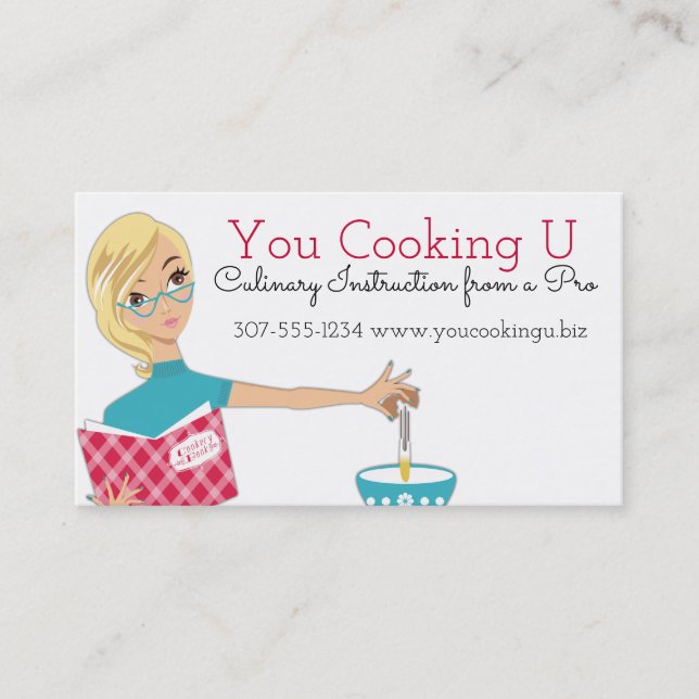 Blonde woman cooking baking cracking eggs business card (Front)