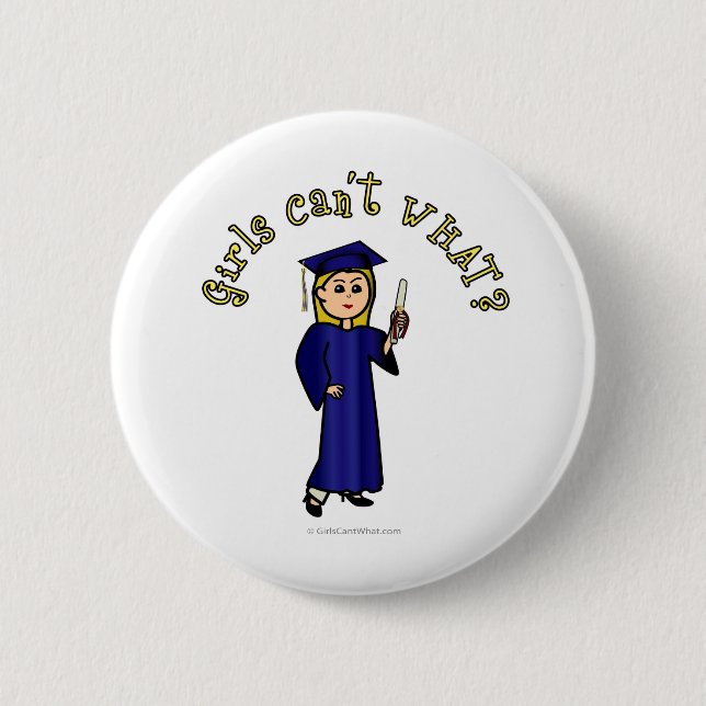 Blonde Woman Graduate in Blue Gown Pinback Button (Front)