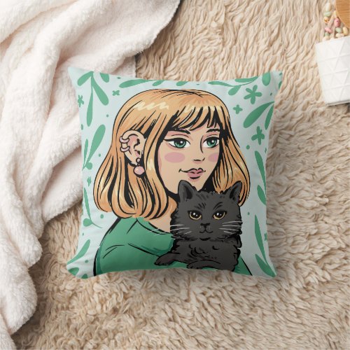 Blonde woman with cat design throw pillow