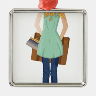 Blonde Woman with Suitcase Metal Ornament