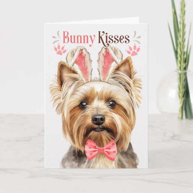 Blonde Yorkshire Terrier Dog Bunny Ears for Easter Holiday Card (Front)