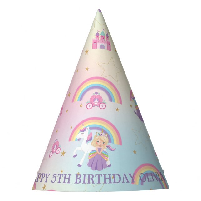 Blone Princess and Unicorn Rainbow Purple Birthday Party Hat (Front)