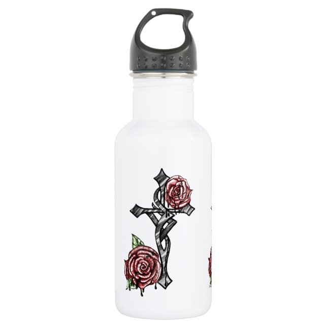 Blood and Roses Cross Stainless Steel Water Bottle (Front)