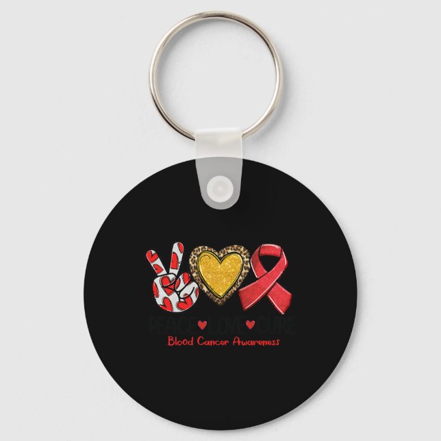 Blood Cancer Awareness Peace Love Cure Red Ribbon  Keychain (Front)