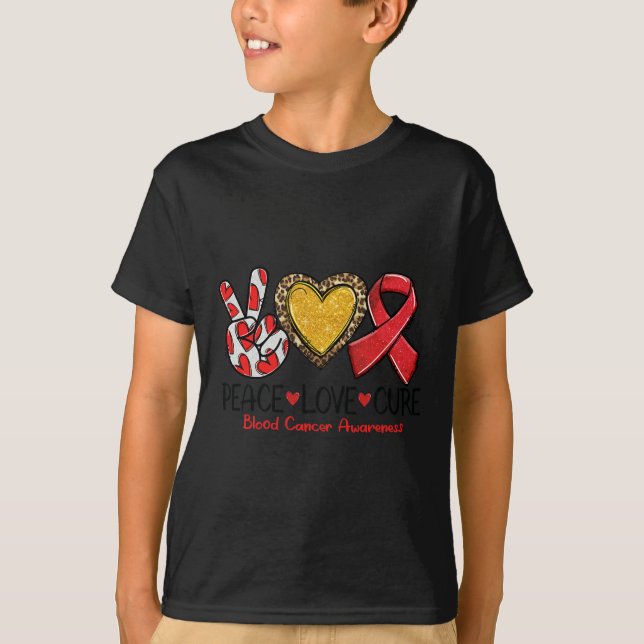 Blood Cancer Awareness Peace Love Cure Red Ribbon  T-Shirt (Front)