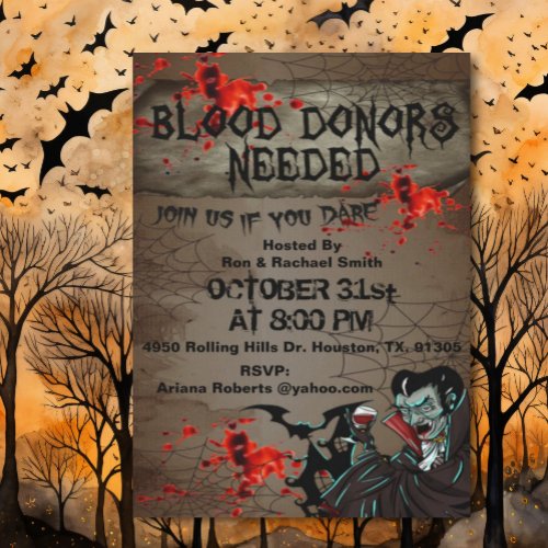 Blood Donors Needed Adult Halloween Invitation