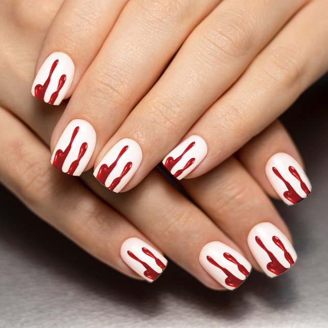 Blood Drip Red & White Spooky Halloween Minx Nail Art (red blood drip white Halloween nail art)