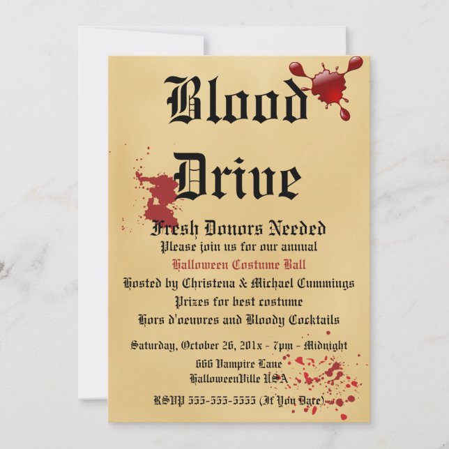 Blood Drive Vampire Halloween Party Invitation (Front)