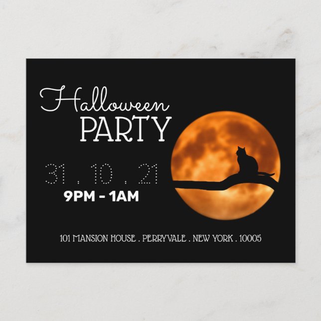 Blood Moon & Cat Silhouette Halloween Party Invite (Front)
